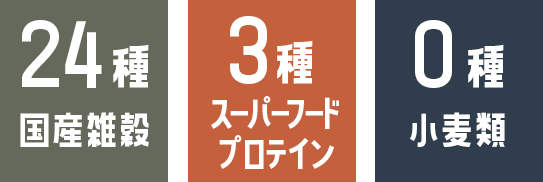 24種国産雑穀、3種スーパーフードプロテイン、0種小麦類